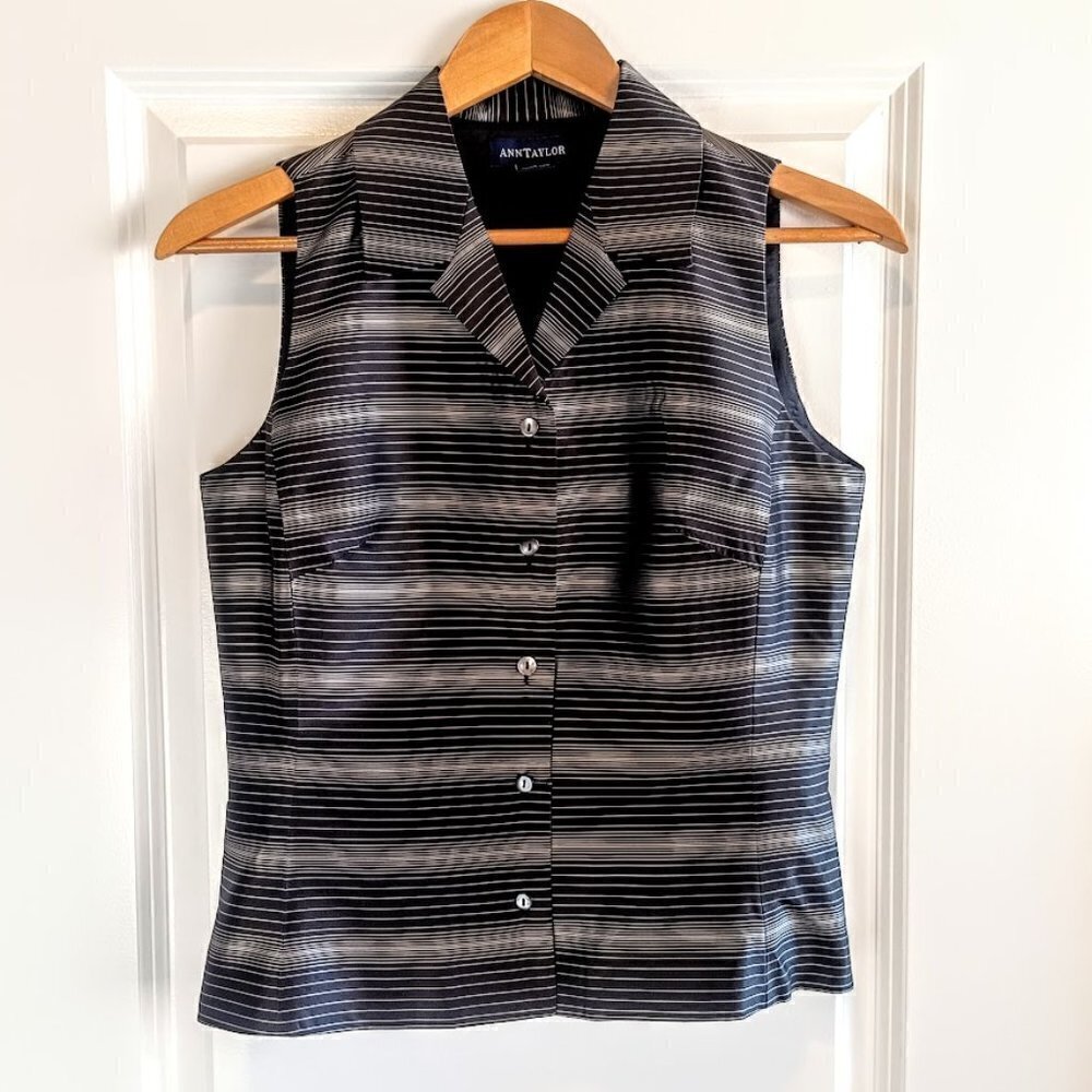 Ann Taylor Black Grey Stripe Silk Sleeveless Top